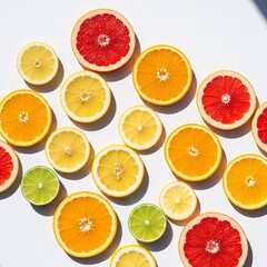 Obraz premium Overhead view of various citrus fruits sliced and arranged on a white surface.