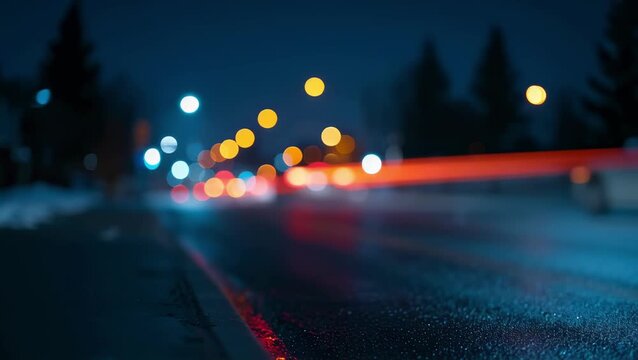 Blurry city street at night with car light trails. An abstract concept of urban speed and nightlife. Use for cinematic intros or music video backgrounds