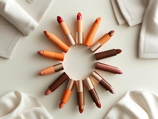 Set of various shades red, orange and brown lipsticks arranged in circle on white background. Luxury makeup collection concept