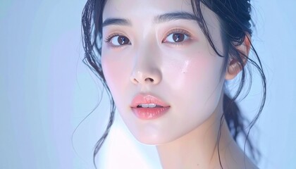 日本人, 超リアル, 美しい若い女性, 長い黒髪, 自然なメイク, 白いキャミソール, 肌が輝くクローズアップ, 柔らかなライティング, 美容広告風, スタジオ背景（白）, 高解像度 Japanese, ultra-realistic, beautiful young woman, long black hair, natural makeup