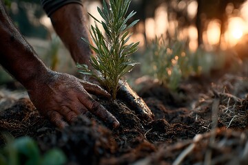 Obraz premium Sustainable Agriculture: Hands Planting Seedlings in Organic Farm at Sunset