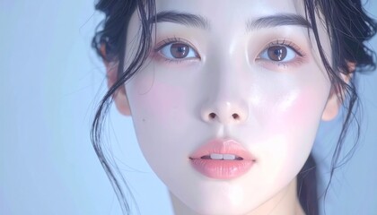 日本人, 超リアル, 美しい若い女性, 長い黒髪, 自然なメイク, 白いキャミソール, 肌が輝くクローズアップ, 柔らかなライティング, 美容広告風, スタジオ背景（白）, 高解像度 Japanese, ultra-realistic, beautiful young woman, long black hair, natural makeup