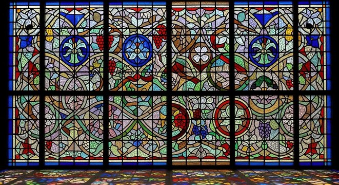 Ornate Stained Glass Window with Floral Motifs and Grape Cluster