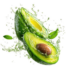Sliced green avocado with juice splashing and water drops on transparent background