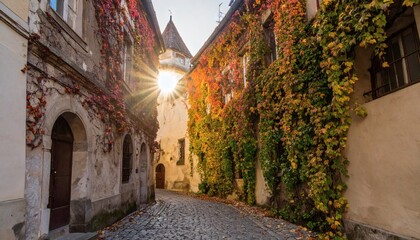 Beautiful alley with old buildings covered in autumn ivy leaves, and warm sunlight 