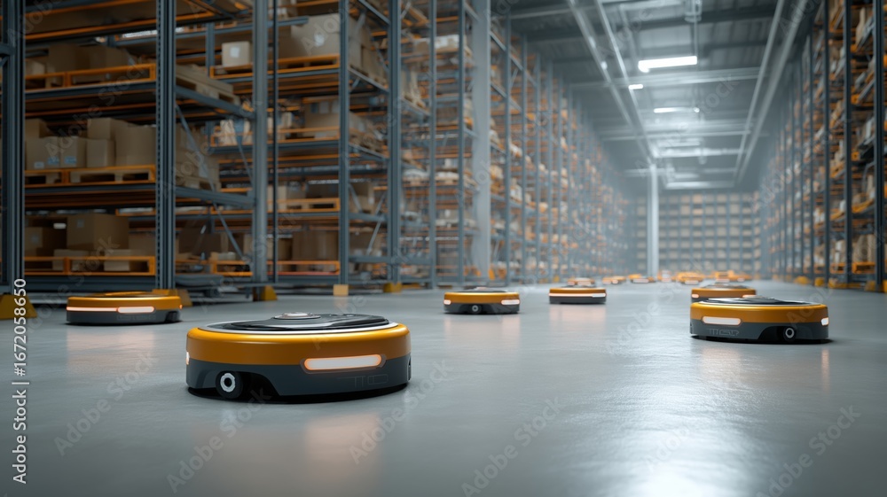 Poster automated robots navigate a large warehouse, moving boxes on shelves while optimizing space.