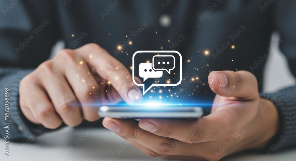 Poster person using a smartphone with a chat bubble icon and sparkling effects overlayed