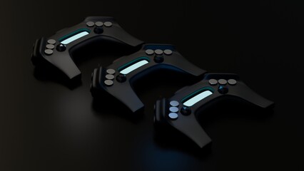 Pair of futuristic gamepads with glowing blue details on dark surface.
