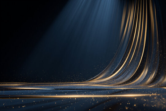 Elegant dark blue and gold abstract background with flowing fabric and sparkling dust