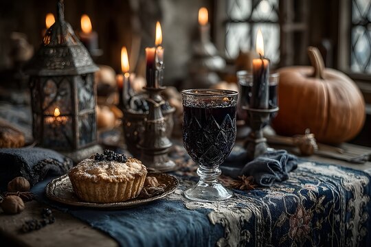 Rustic Halloween Feast with Candlelit Pumpkin Decor for Autumn Celebrations - Powered by Adobe