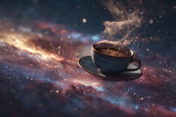 Coffee floats in the vast expanse of zero gravity amidst swirling galaxies and starry phenomena, merging everyday life with cosmic wonder