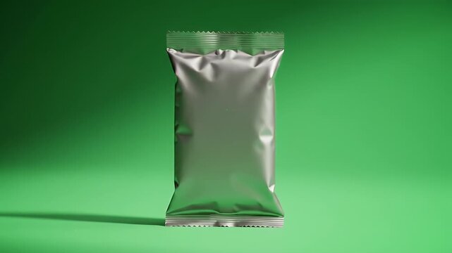 Blank Silver Foil Packaging Mockup on Green Background, Unbranded Metallic Sachet Template