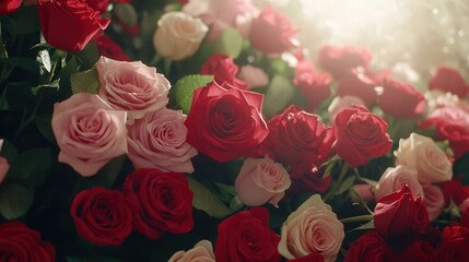 A Beautiful Arrangement of Fresh Red and Pink Roses Surrounded by Soft Light, Perfect for Romantic Occasions, Weddings, and Floral Decorations to Brighten Any Space