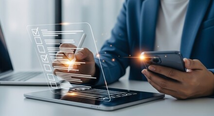 Person in blue suit using stylus on tablet with checklist and holding smartphone