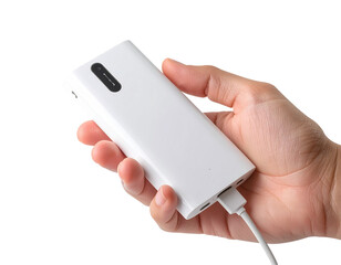Hand Holding White Power Bank with Charging Cable Isolated on Transparent Background