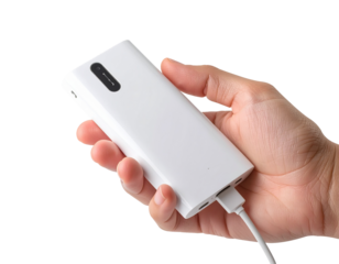 Hand Holding White Power Bank with Charging Cable Isolated on Transparent Background