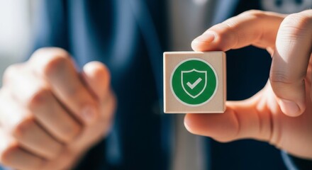 Person holding a wooden block with a green shield and checkmark symbol on it close up