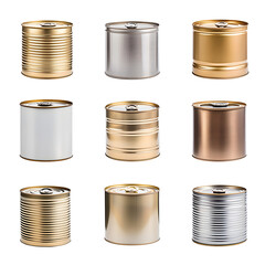 Assorted Closed Metallic Tin Cans Collection for Product Packaging and Recycling Concept