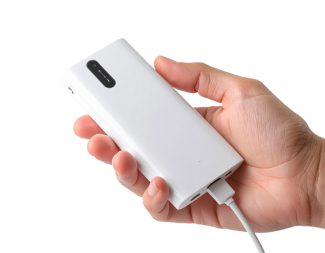 Hand Holding White Power Bank with Charging Cable Isolated on Transparent Background - Powered by Adobe