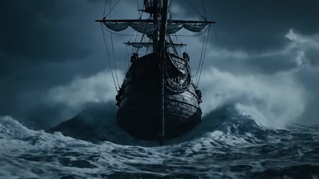 Cinematic Realistic Ancient Sailing Ship in a Dark, Stormy Sea from a Front View

