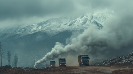 Garbage trucks smoke mountains landfill waste disposal