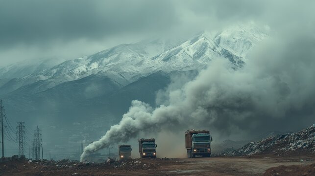 Garbage trucks smoke mountains landfill waste disposal