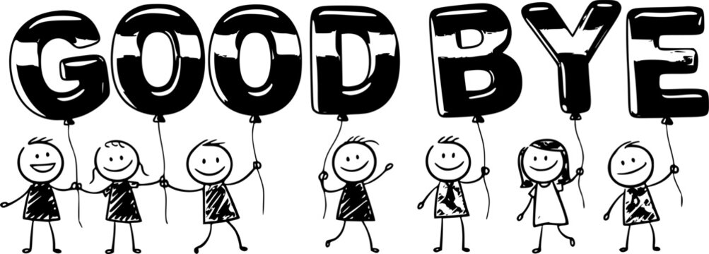 GOODBYE smiling stick figures holding golden balloon letters
