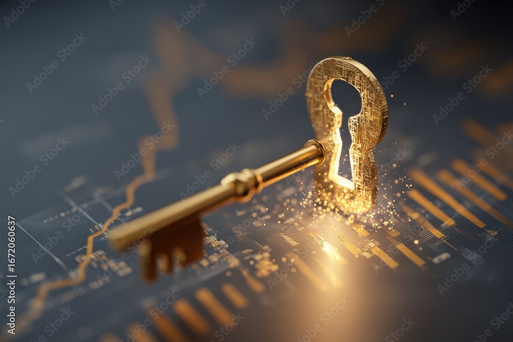 Poster radiant golden key and glowing keyhole illuminating abstract digital data grid.