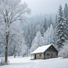 A cozy log cabin framed by a snow-covered forest, creating a serene winter landscape filled with tranquility