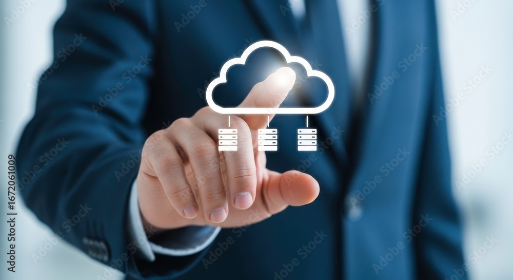 Poster a person in a suit touching a cloud computing icon with servers below it graphic