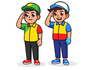 Two construction workers with safety helmets and vests greeting with a salute gesture