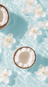 A refreshing and tropical composition featuring a sliced coconut floating amidst delicate white blossoms and rippling water.