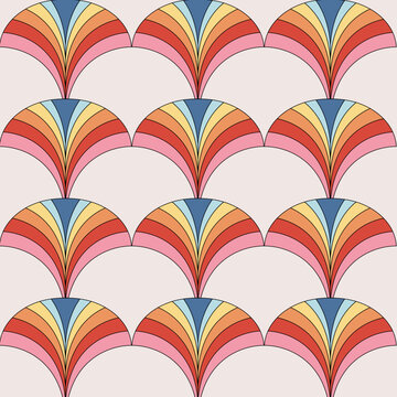 Multicolor, Rainbow Symmetrical Abstract Art Deco Geometric Pattern. Classic Modern Repeating Seamless Motif Background. Retro Ornate Style Wallpaper 