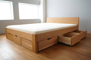 Innovative wooden bed frame with built in storage drawers and minimalist headboard in a serene modern bedroom interior
