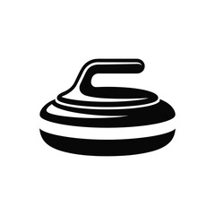 Black and white silhouette of a curling stone on a white background