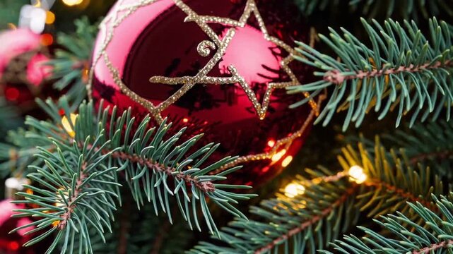 Festive Holiday Arrangement Featuring Pine Needles Alongside Shimmering Gold and Crimson Hanging Decoration