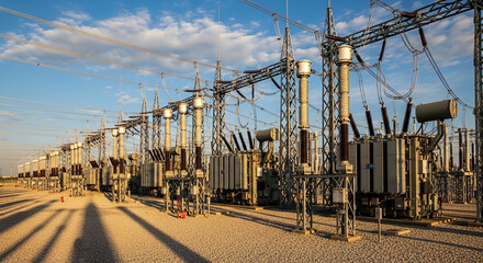 Fototapeta premium High voltage electrical substation with transformers and power lines under clear blue sky at industrial energy facility