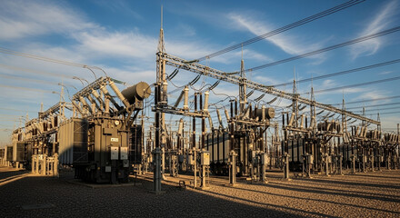 Electrical power substation with transformers high voltage cables and industrial equipment under blue sky in energy facility