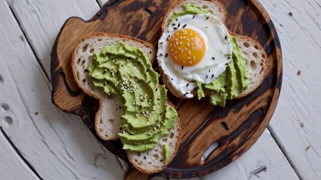 Overhead graphy of Sliced Toasted Bread with Mashed Avocado and Fried Egg Topping