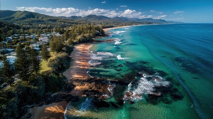 Stunning aerial view of coastal town beach ocean and mountains