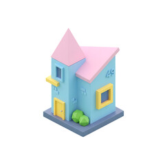 Light blue isometric cartoon house with pink roof and yellow accents illustration isolated on a transparent background