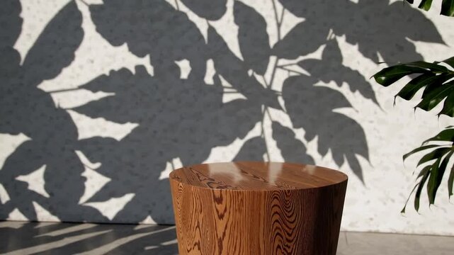 Naturally Shaped Wooden Display Table with Beautiful Grain in Filtered Sunlight with Leaf Shadows