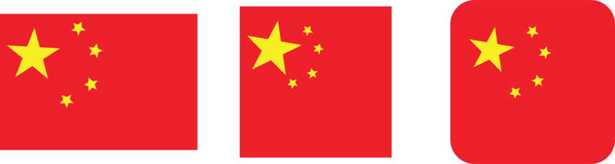 Chinese flags set in square, heart, circle and waving formats designs element. Vector UI, logo, app flag design.