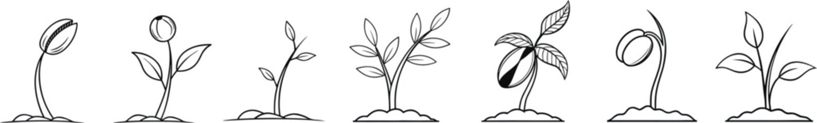 Collection of hand drawn sprout illustrations with leaves and soil base. Black and white seedling sketches perfect for eco, nature, and growth design projects. Organic plant line art set.