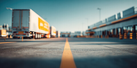 Yellow Line on Asphalt Road with Blurred Commercial Trucks in Background