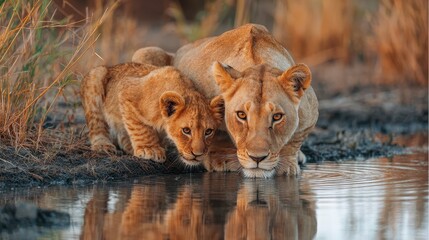 Lioness and Cub Drinking at Waterhole African Wildlife Nature