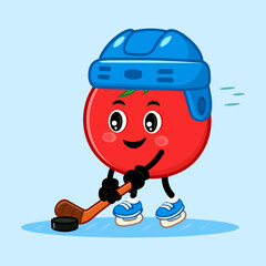 A cheerful cartoon tomato plays hockey with a smile on its face, full of fun