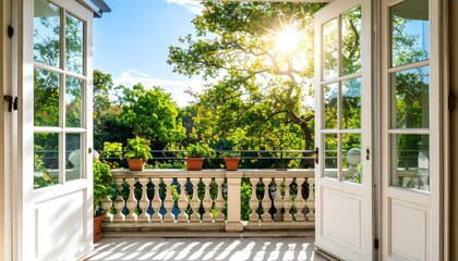 Fototapeta premium Sunlit Balcony with White French Doors.