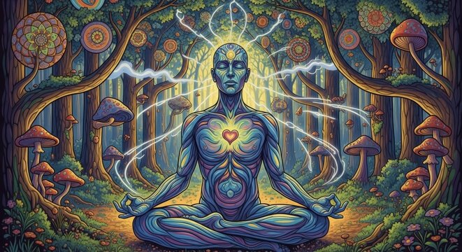 Meditating Figure in Forest with Mushrooms and Energy Fields