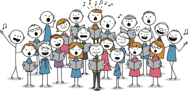 Choir, singing group, men and women sing together, funny line figures sing a song
